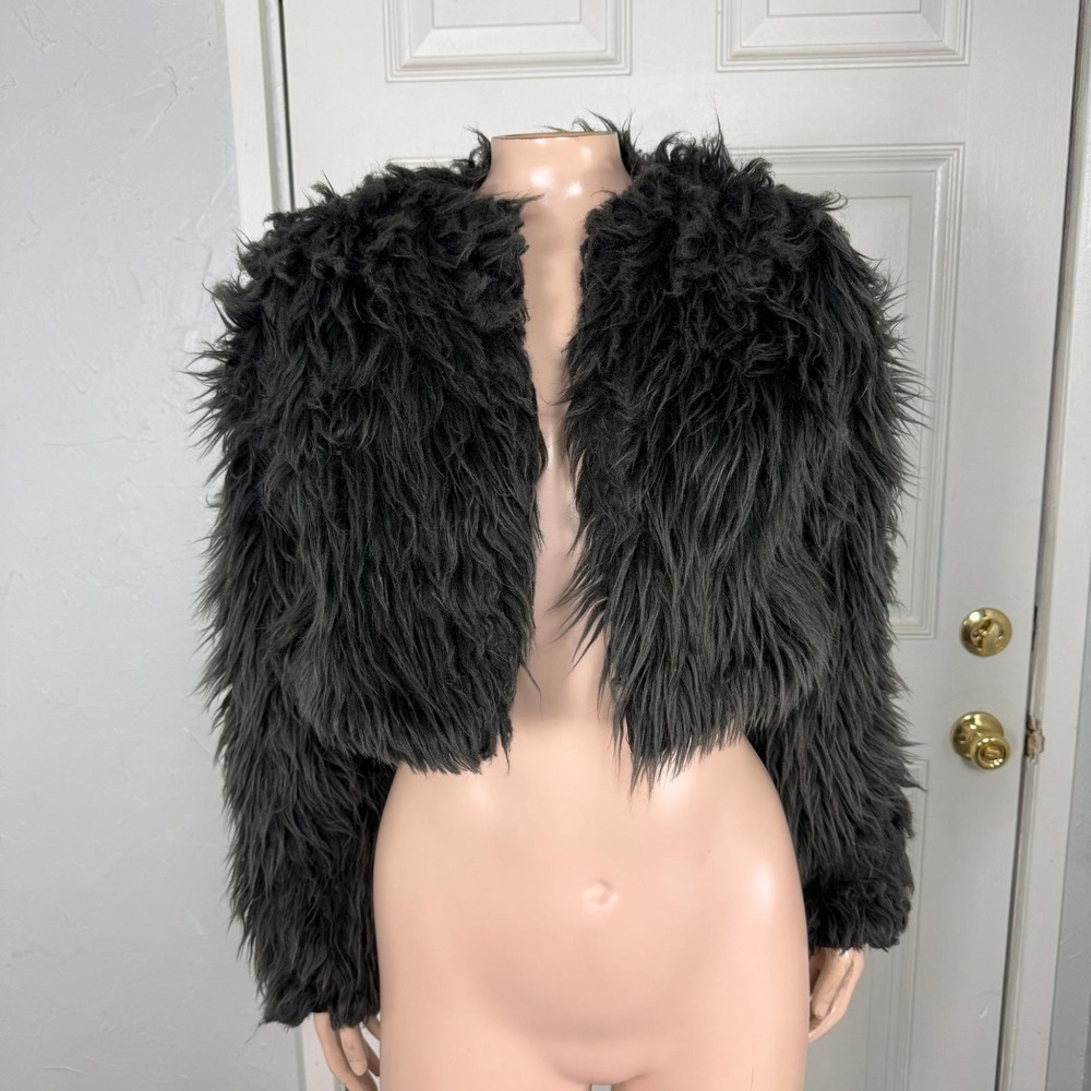 Vintage Y2K Women Shaggy Fuax Fur Jacket S Open front cropped Festival Bear S3-7